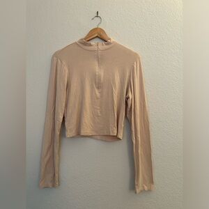 Cropped Beige Half Zip Basic Long Sleeve